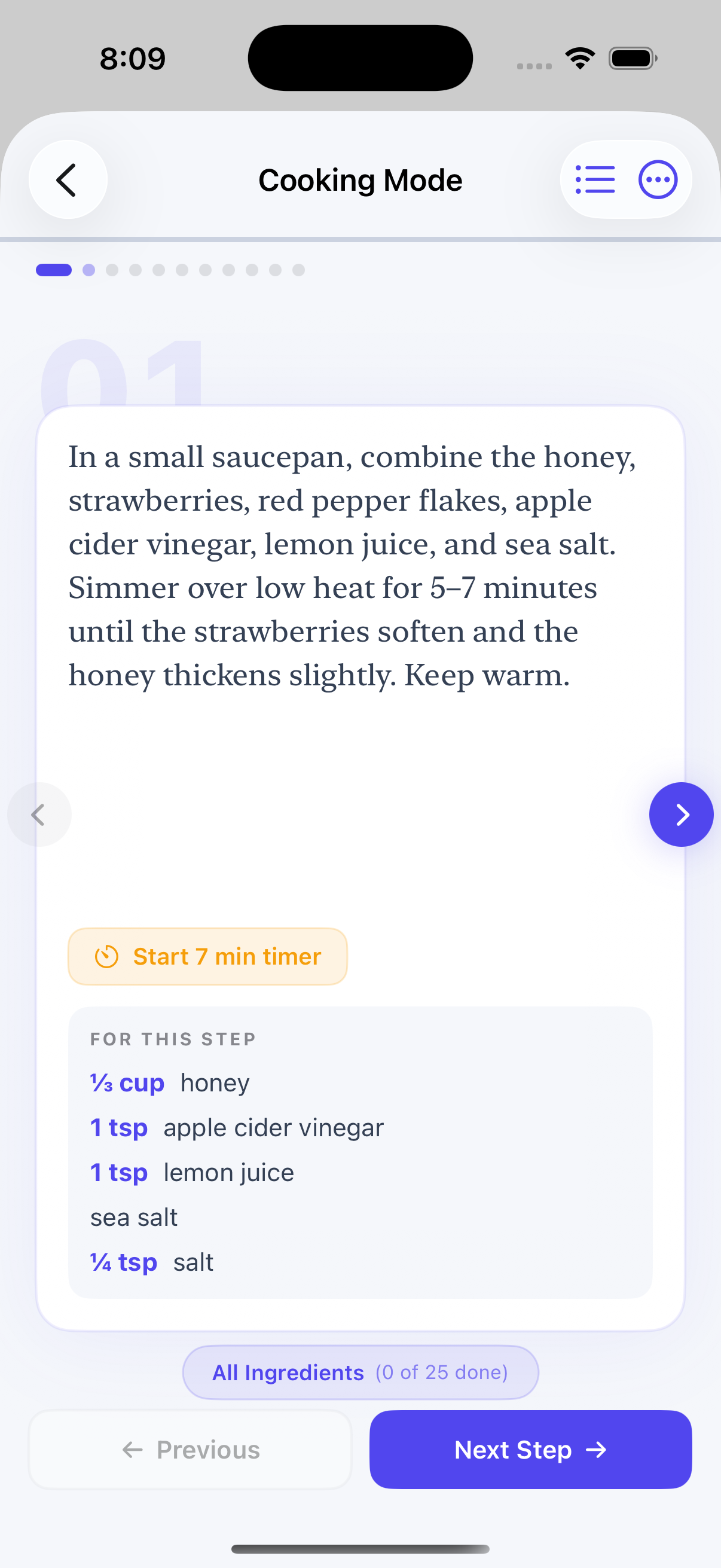 iOS cooking mode step view