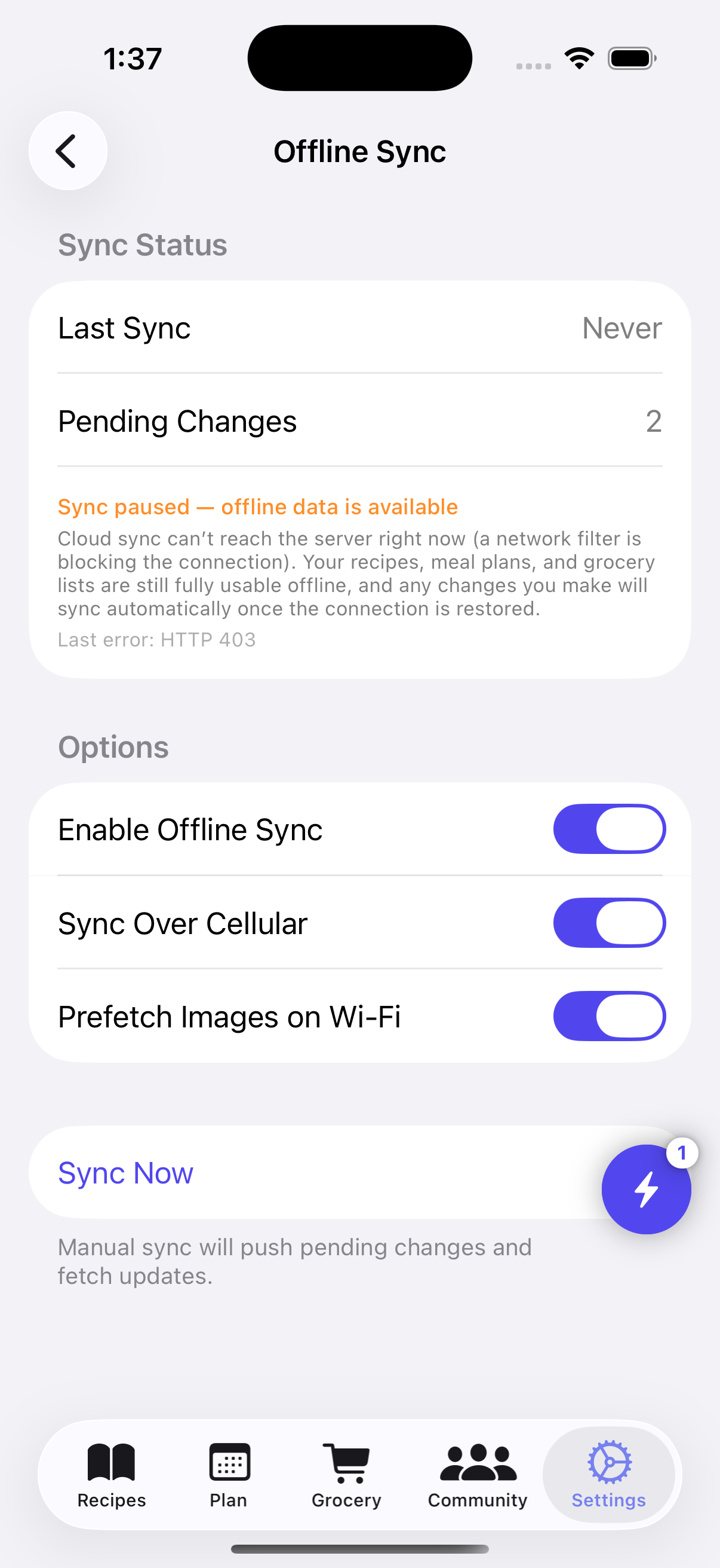 Offline Sync settings