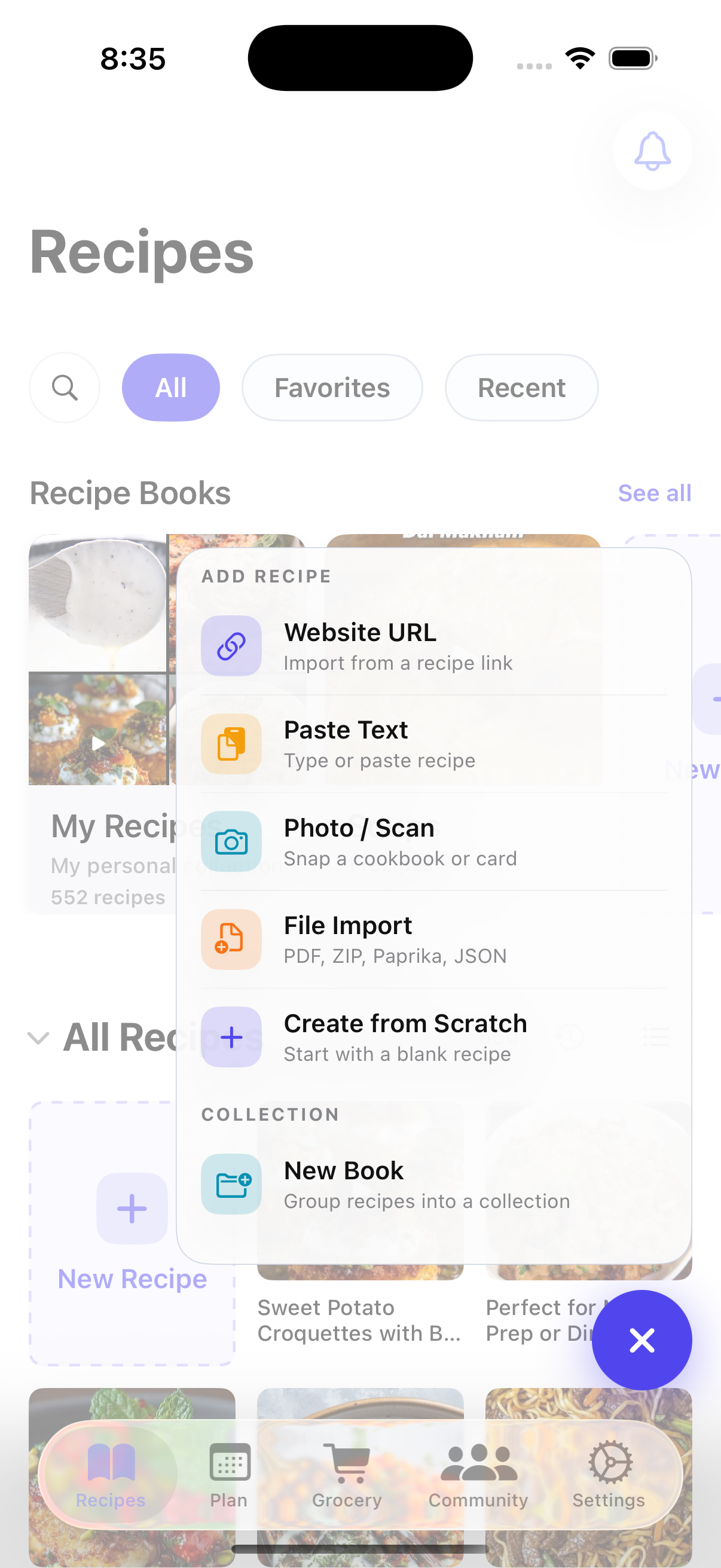 Add Recipe menu