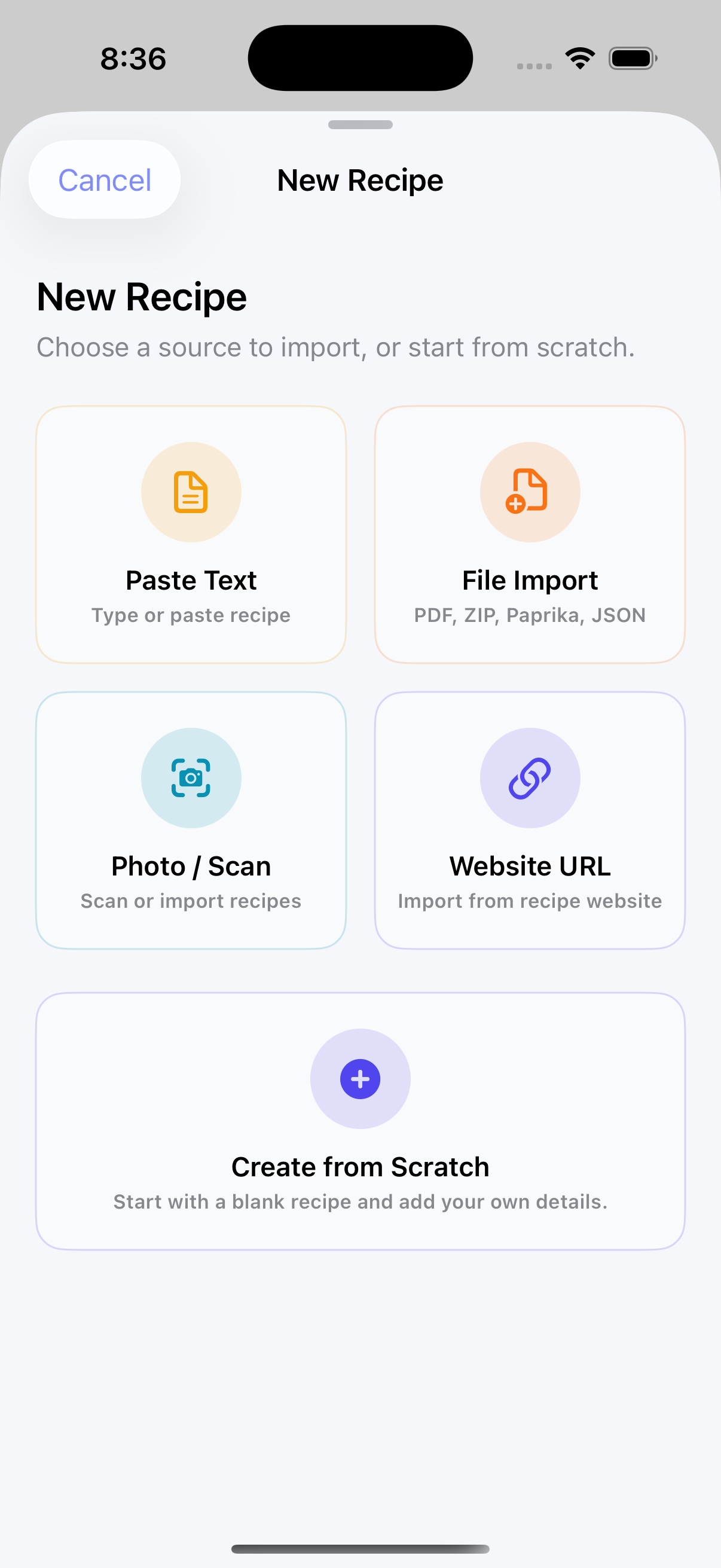 New Recipe source picker