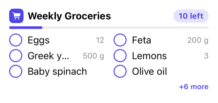 Grocery List widget showing a checklist you can check off right in the widget