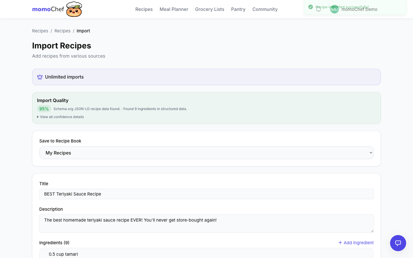 Imported recipe preview